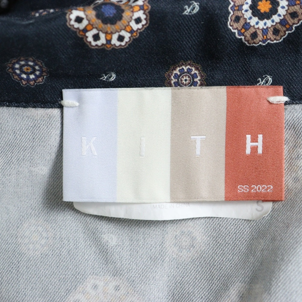 KITH(キス) 22SS Thompson Silk Long Sleeve Shirt メダリオン ロゴ刺繍総柄長袖シルクシャツ ネイビー KHM030435