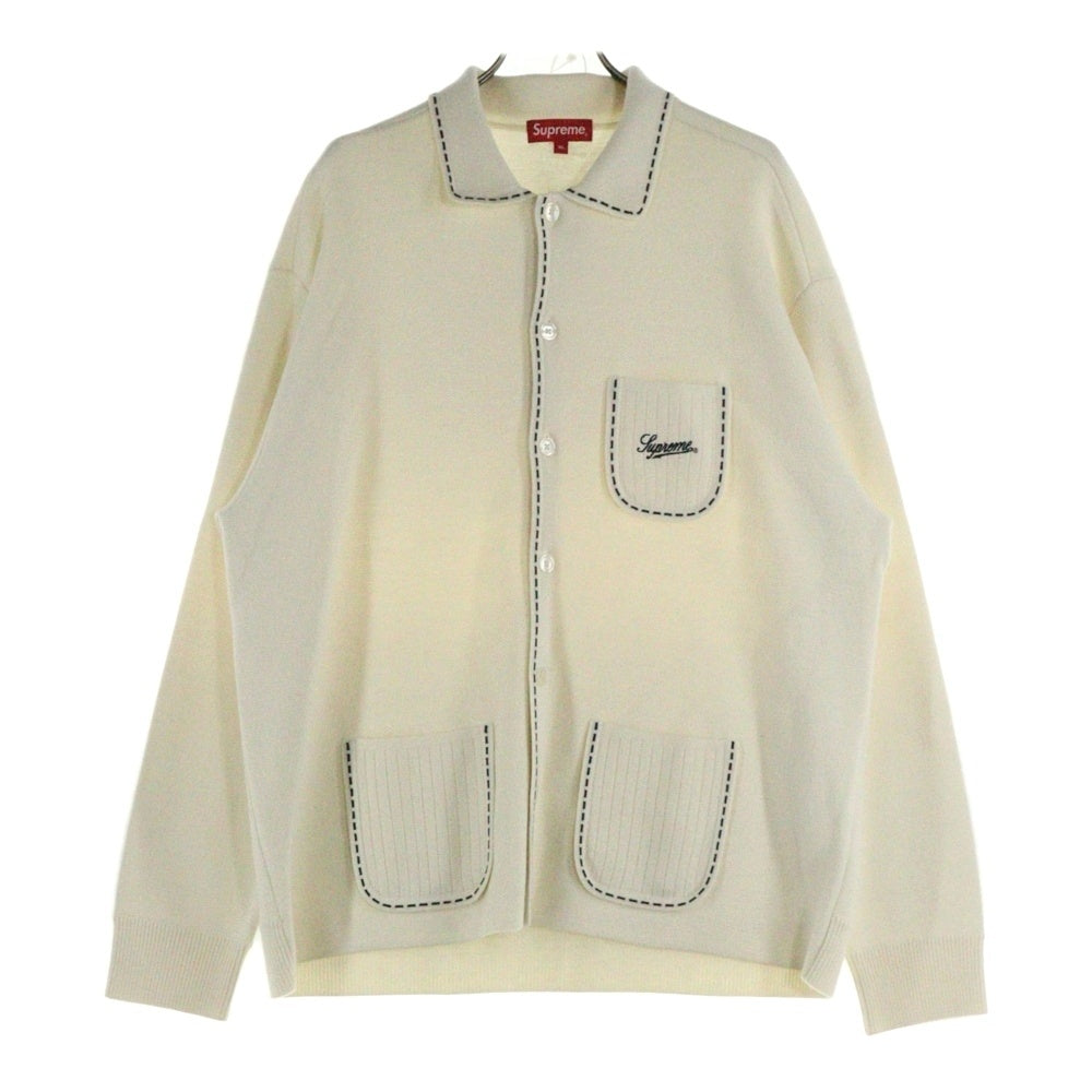 SUPREME(シュプリーム) 22AW Contrast Stitch Button Up コントラスト ステッチ ボタン アップ ロゴ刺繍カーディガン 襟付きニットシャツ アイボリー