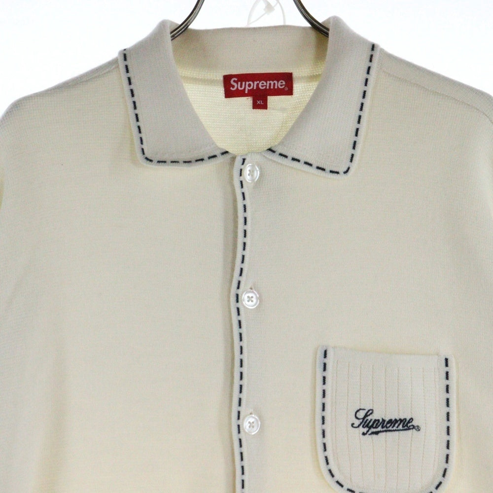 SUPREME(シュプリーム) 22AW Contrast Stitch Button Up コントラスト ステッチ ボタン アップ ロゴ刺繍カーディガン 襟付きニットシャツ アイボリー