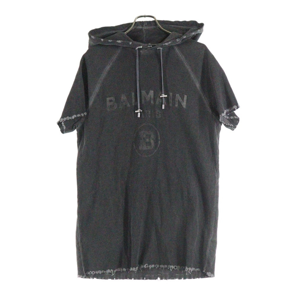 BALMAIN(バルマン) デストロイ加工 フロントロゴ プルオーバー半袖フーディー グレー