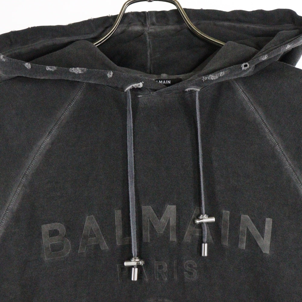 BALMAIN(バルマン) デストロイ加工 フロントロゴ プルオーバー半袖フーディー グレー