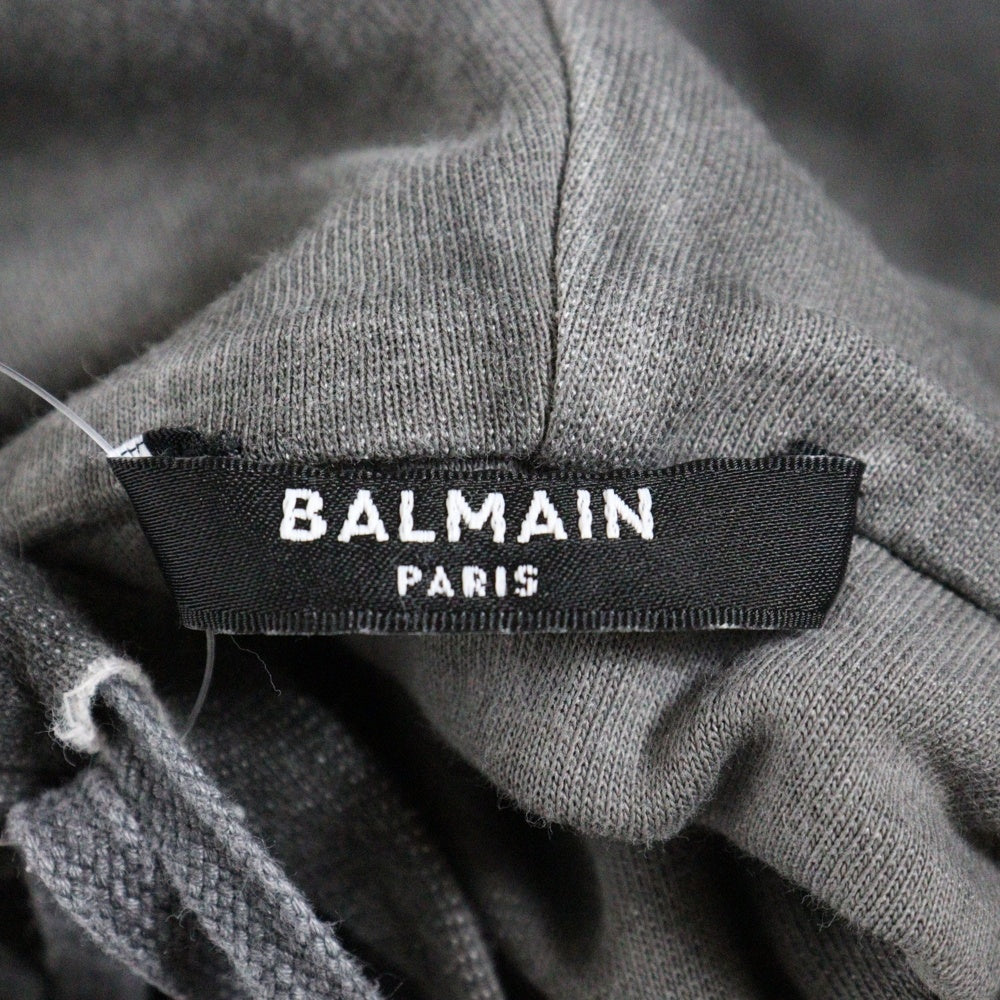 BALMAIN(バルマン) デストロイ加工 フロントロゴ プルオーバー半袖フーディー グレー
