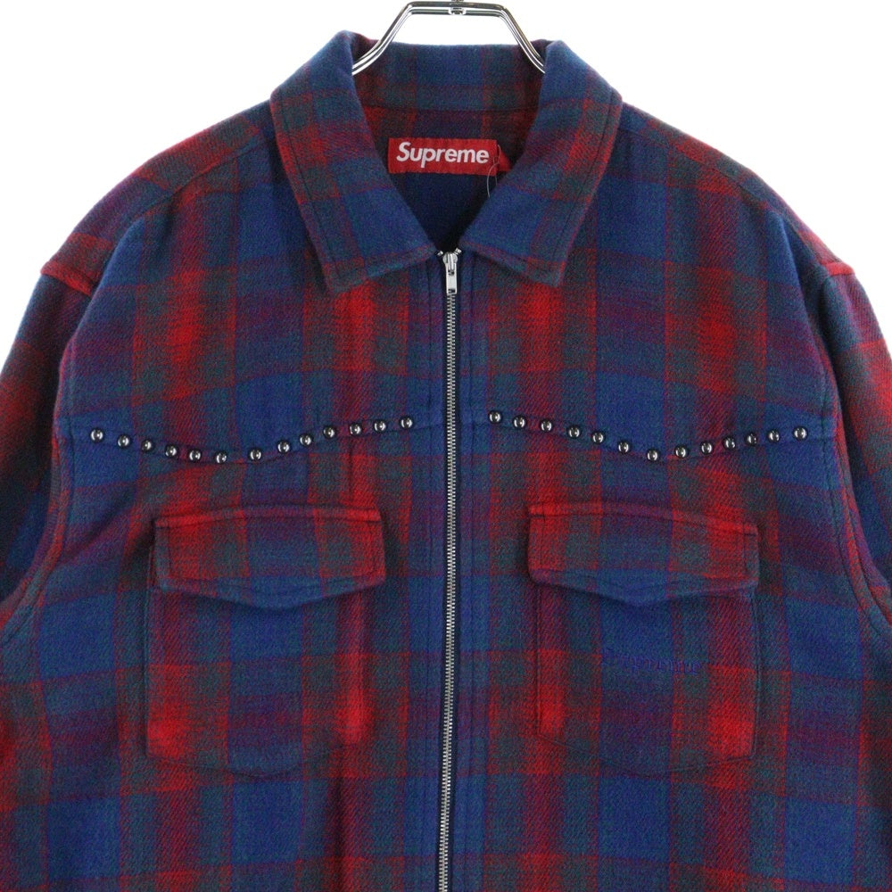SUPREME(シュプリーム) 25AW Studded Shadow Plaid Zip Up Shirt スタッズ シャドウ ジップアップ チェックシャツ ネイビー