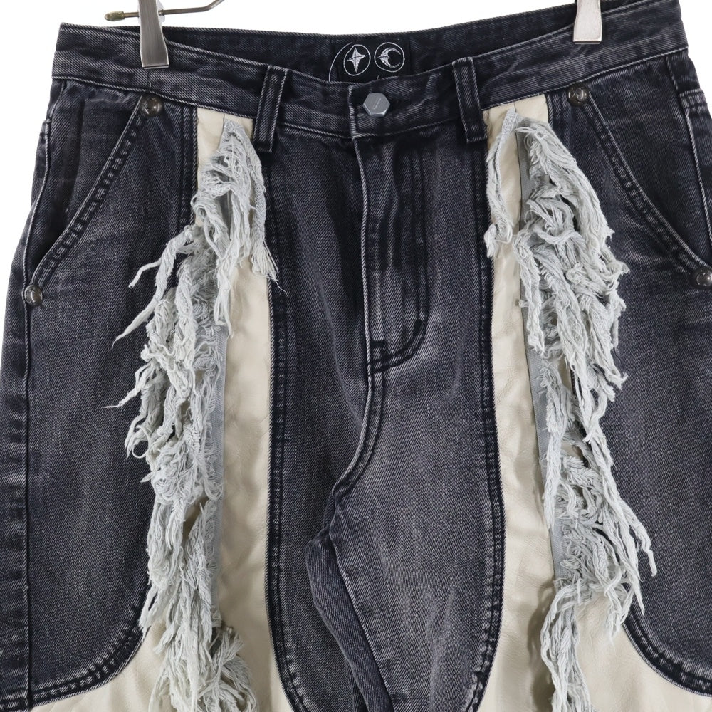 THUG CLUB(サグクラブ) 24SS MOHICAN LEATHER DENIM PANTS モヒカン レザー デニムパンツ ブラック TC24PT0402