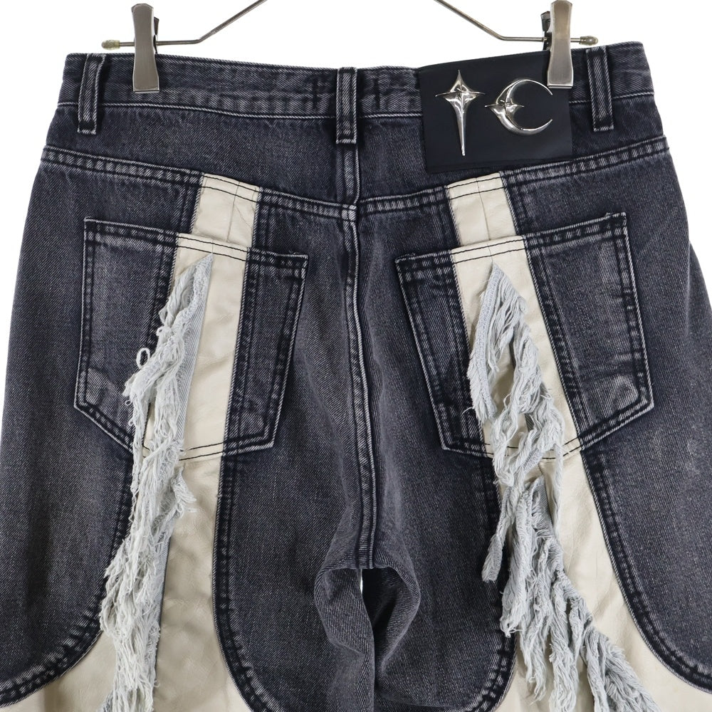 THUG CLUB(サグクラブ) 24SS MOHICAN LEATHER DENIM PANTS モヒカン レザー デニムパンツ ブラック TC24PT0402