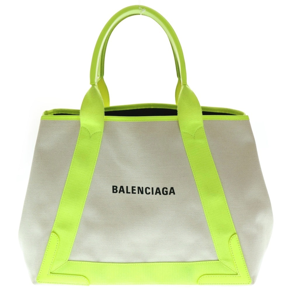 BALENCIAGA(バレンシアガ) ネイビーカバス ロゴプリント ハンドトートバッグ アイボリー/イエロー 581292