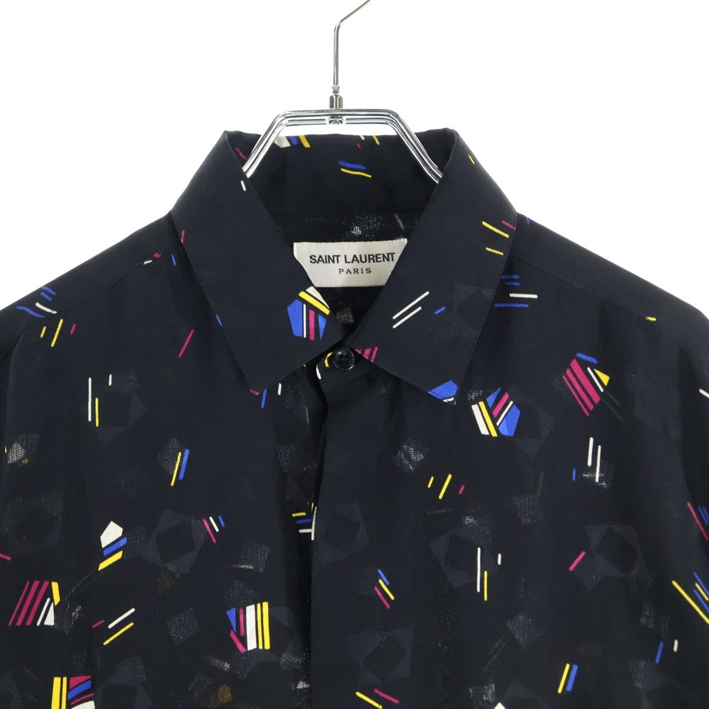 SAINT LAURENT PARIS(サンローランパリ) 21SS 総柄デザイン 比翼 長袖シルクシャツ ブラック 646850 Y2D02