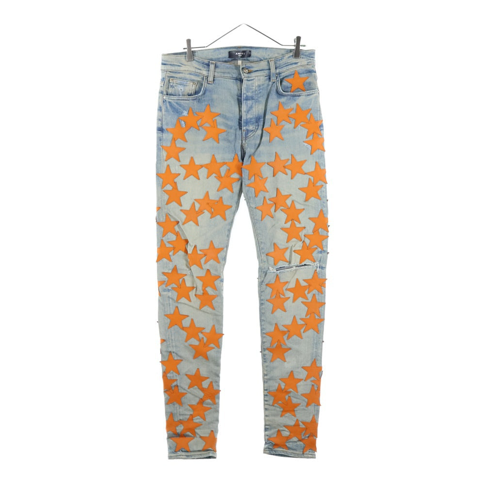 AMIRI(アミリ) ×CHEMIST STAR JEANS PS22MDS028 ケミスト デストロイ加工 レザースターパッチ デニムパンツ インディゴ