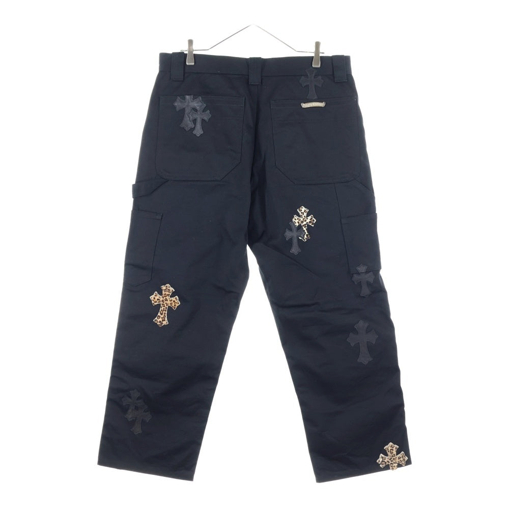 CHROME HEARTS(クロムハーツ) CARPENTER CNVS CEME CRS レオパードハラコ レザークロスパッチ ダブルニー カーペンターパンツ ブラック