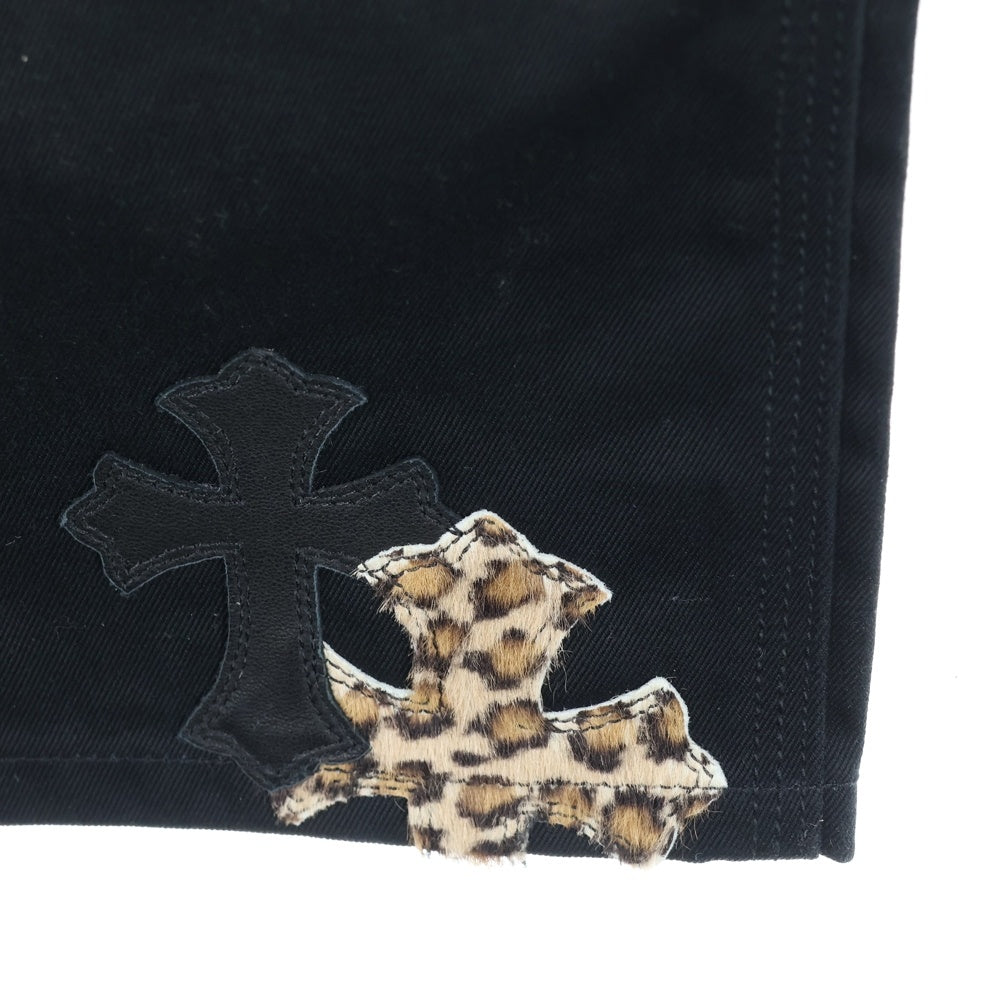 CHROME HEARTS(クロムハーツ) CARPENTER CNVS CEME CRS レオパードハラコ レザークロスパッチ ダブルニー カーペンターパンツ ブラック