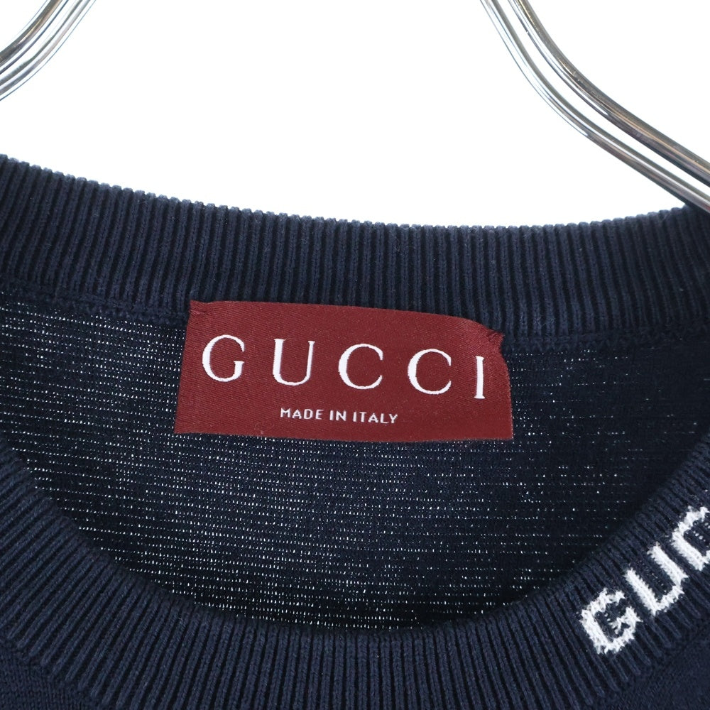 GUCCI(グッチ) 24AW インターシャ シルクコットン ロゴ刺繍 Tシャツ カットソー ネイビー