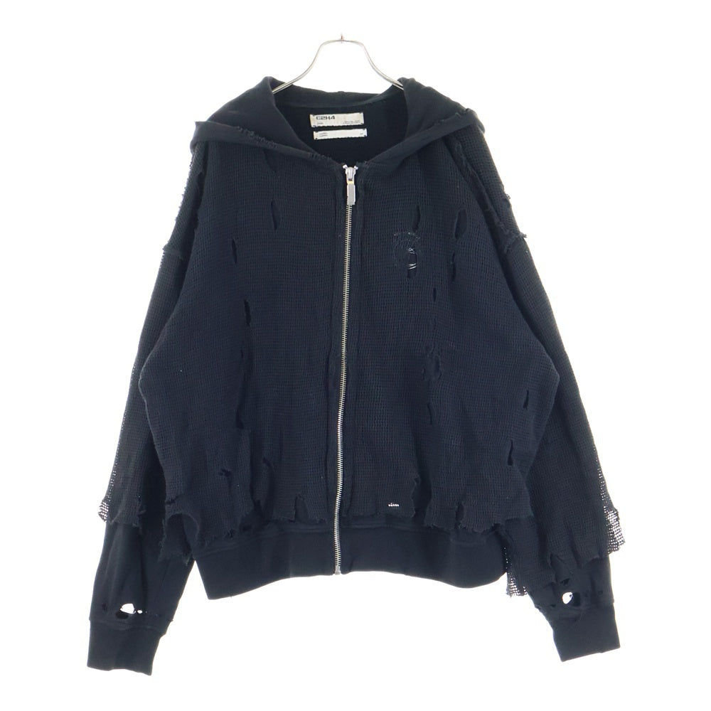 C2H4(シーツーエイチフォー) ドッキング メッシュ デストロイ加工 ジップアップフーディー パーカー ブラック