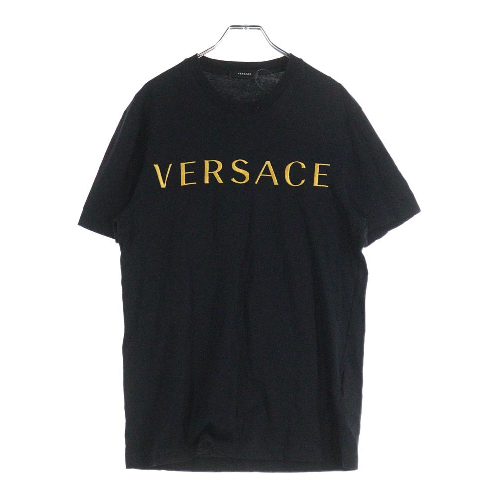 VERSACE(ヴェルサーチ) ロゴ刺繍 フロントロゴ クルーネックTシャツ ブラック A87021S