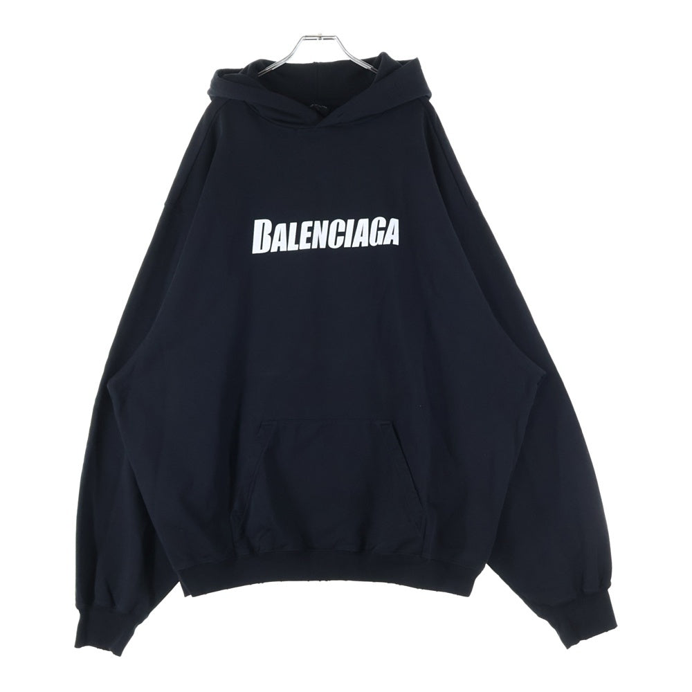 BALENCIAGA(バレンシアガ) 22AW Destroyed Logo-Print Hoodie デストロイダメージ加工 ロゴプリント スウェット プルオーバーパーカー フーディー ブラック 729361 TNVL2