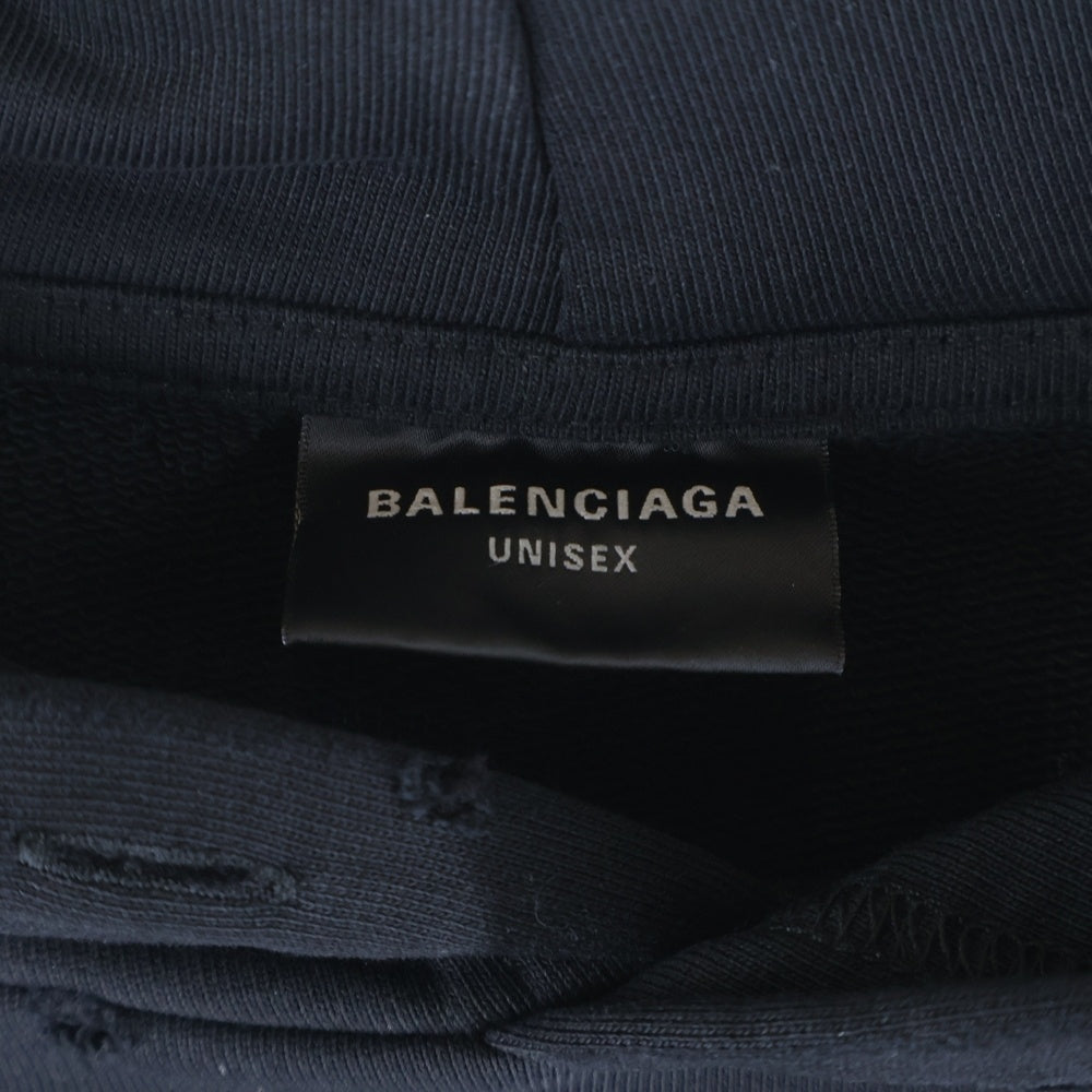 BALENCIAGA(バレンシアガ) 22AW Destroyed Logo-Print Hoodie デストロイダメージ加工 ロゴプリント スウェット プルオーバーパーカー フーディー ブラック 729361 TNVL2