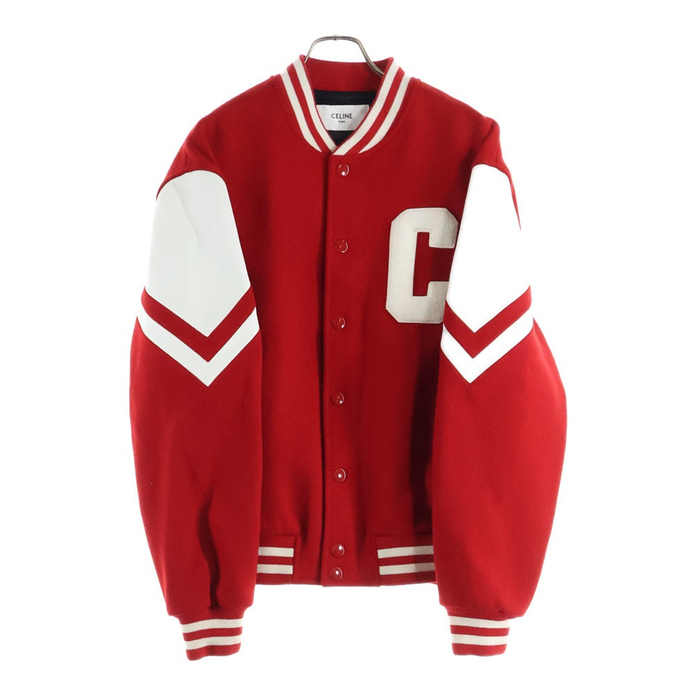 CELINE(セリーヌ) 23AW JACKSON Thick Wool Plush Jacket 2V58N896C.27ED ジャクソン Cロゴスタジャン スタジアムジャケット ウール/レザー レッド