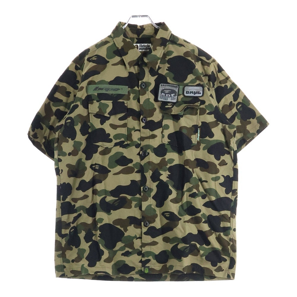 A BATHING APE(アベイシングエイプ) カモフラ総柄 ワッペン付き 半袖シャツ カーキ