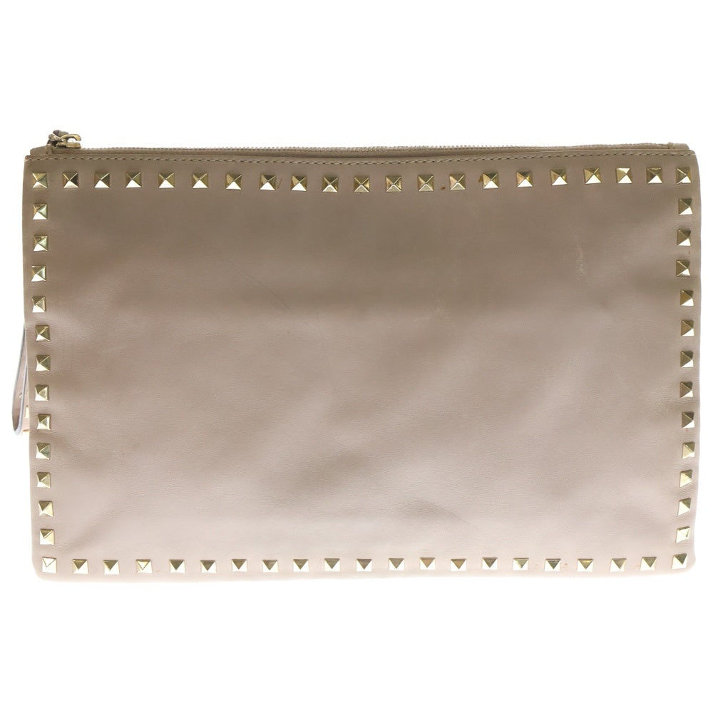 VALENTINO(ヴァレンティノ) ロックスタッズ クラッチバッグ セカンドバッグ ポーチ ベージュ レザー ゴールド金具 レディース