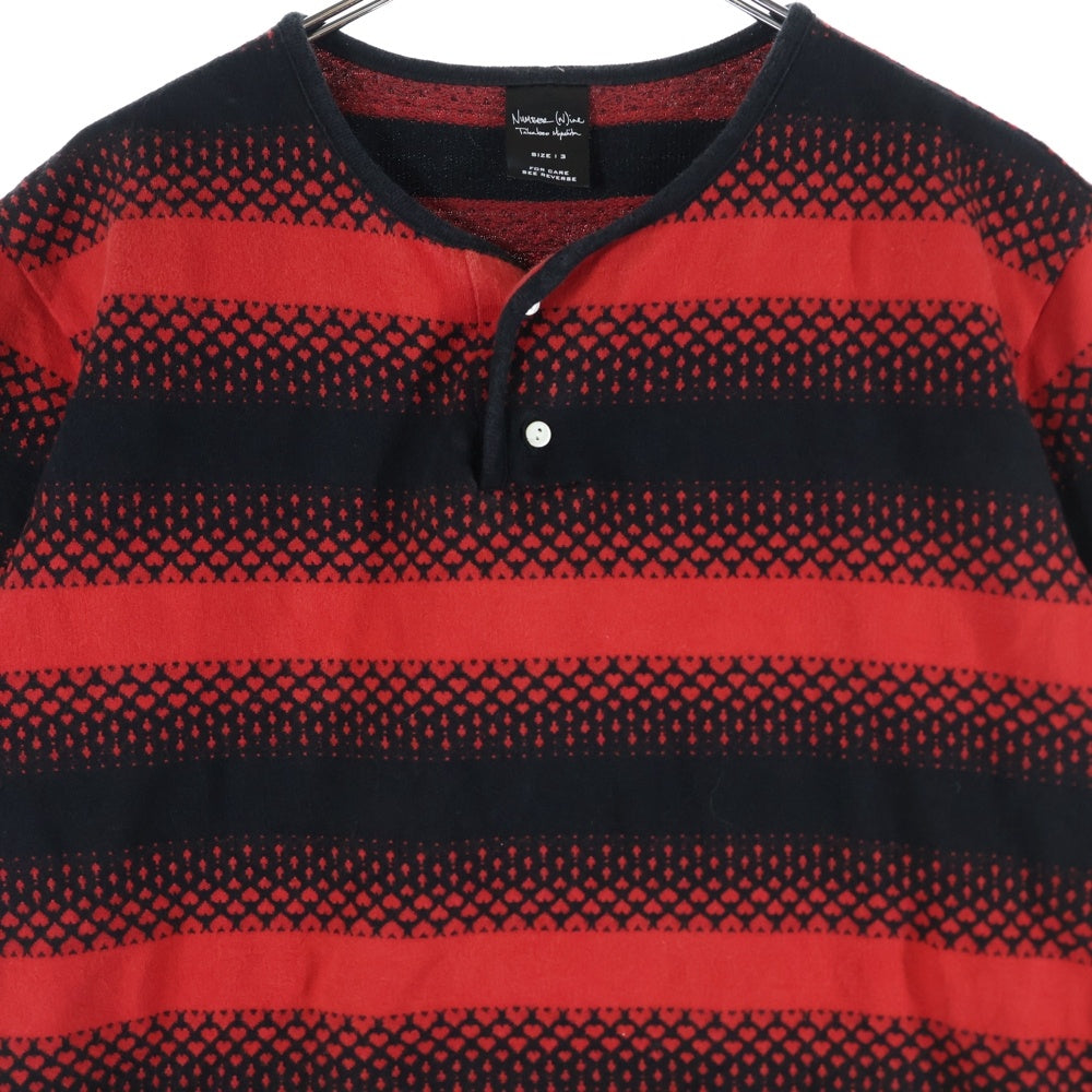 NUMBER (N)INE(ナンバーナイン) 本人期 ハートクロスボーダー ヘンリーネック半袖Tシャツ カットソー ブラック/レッド 0357933495