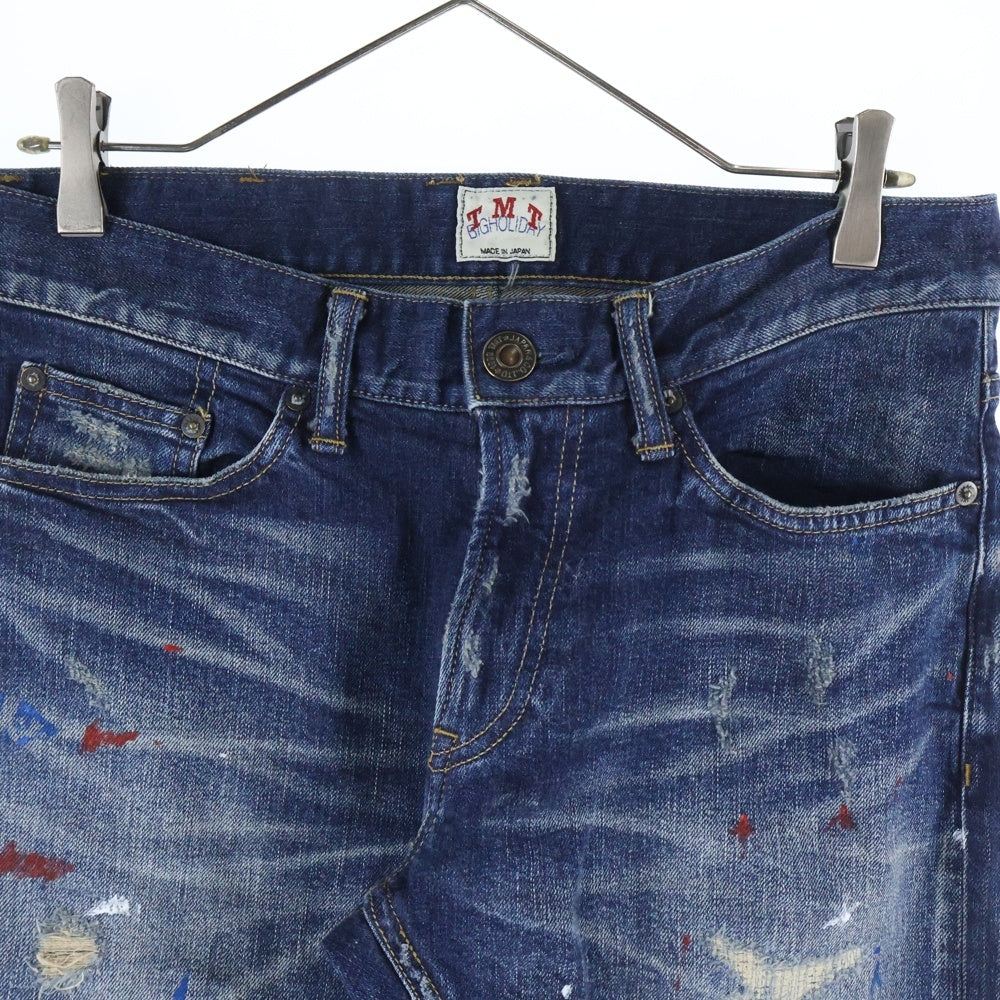 T.M.T(ティーエムティー) STRETCH CRUSH&REPEIR DENIM 5P TAPERED ストレッチ クラッシュ リペア デニムパンツ ストレートパンツ ブルー TPT-F1706