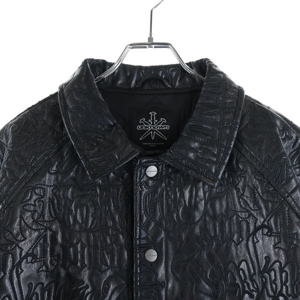 UNKNOWN LONDON(アンノーンロンドン) フェイクレザー 総柄デザイン レザージャケット ブラック