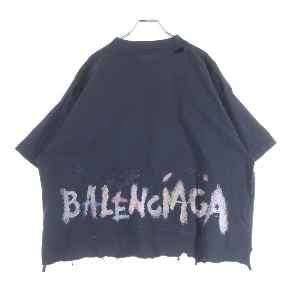BALENCIAGA(バレンシアガ) デストロイ加工 ラメロゴ 半袖Tシャツ カットソー グレー 783399