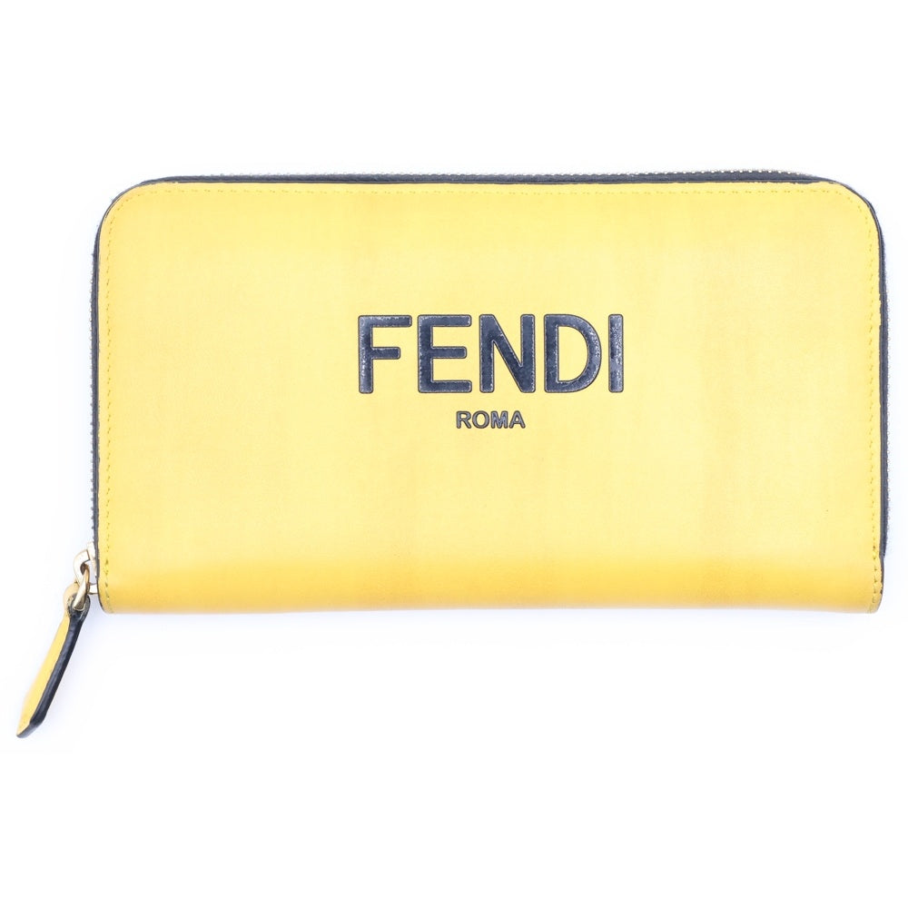FENDI(フェンディ) バイカラー ロゴ レザー ラウンドジップ ウォレット 長財布 イエロー 7M0210 レディース