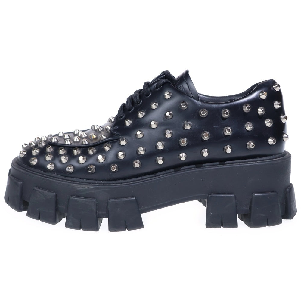 PRADA(プラダ) モノリス ブラッシュドレザー スタッズ装飾 ローファー ブラック
