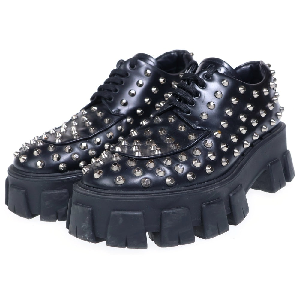 PRADA(プラダ) モノリス ブラッシュドレザー スタッズ装飾 ローファー ブラック
