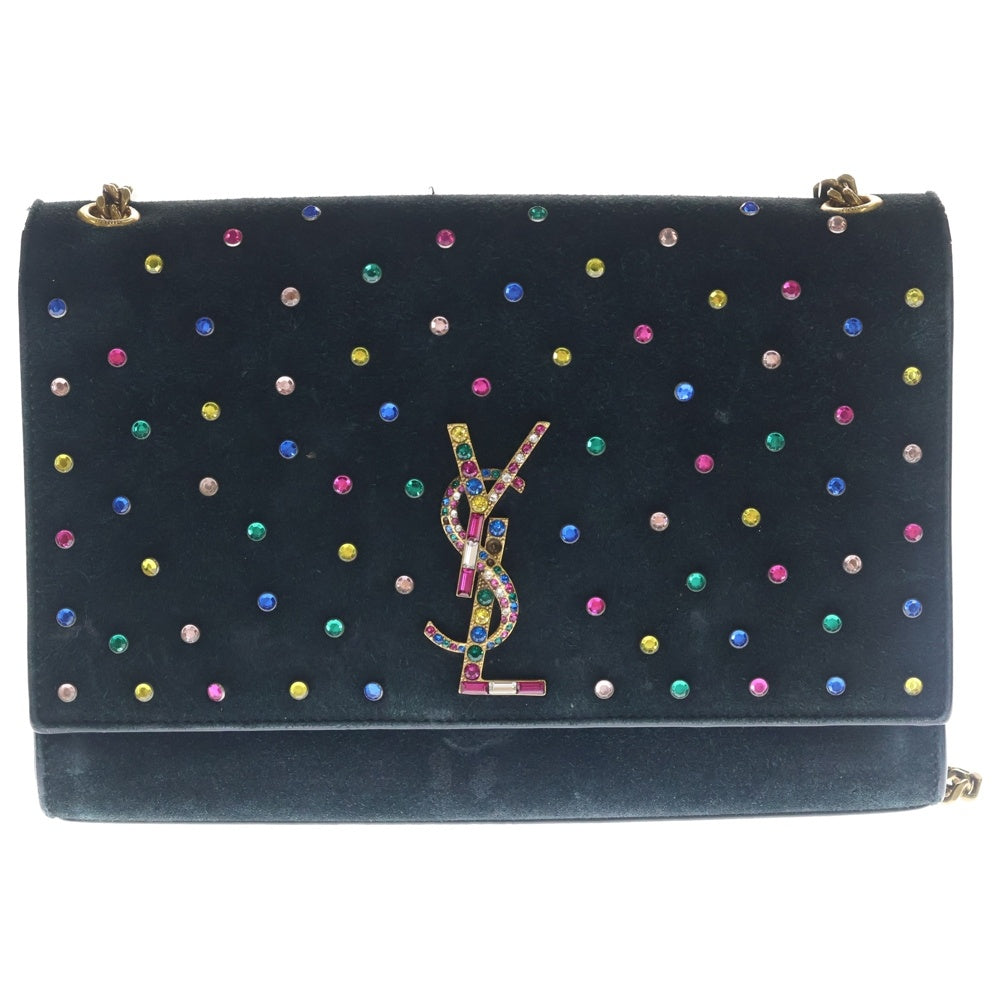 YVES SAINT LAURENT(イヴサンローラン) ロゴ ラインストーン スエード レザー チェーン ショルダーバッグ ブラック 513074 レディース