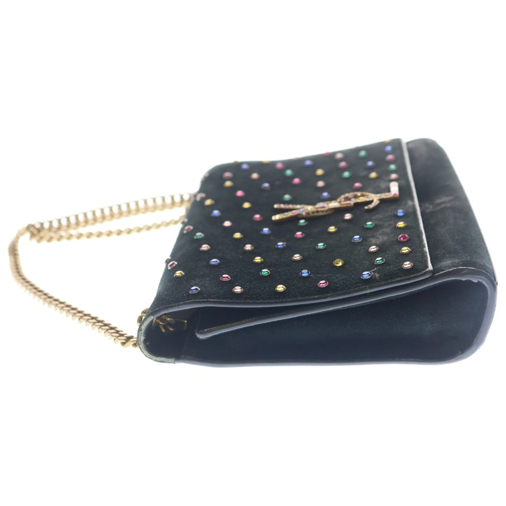 YVES SAINT LAURENT(イヴサンローラン) ロゴ ラインストーン スエード レザー チェーン ショルダーバッグ ブラック 513074 レディース