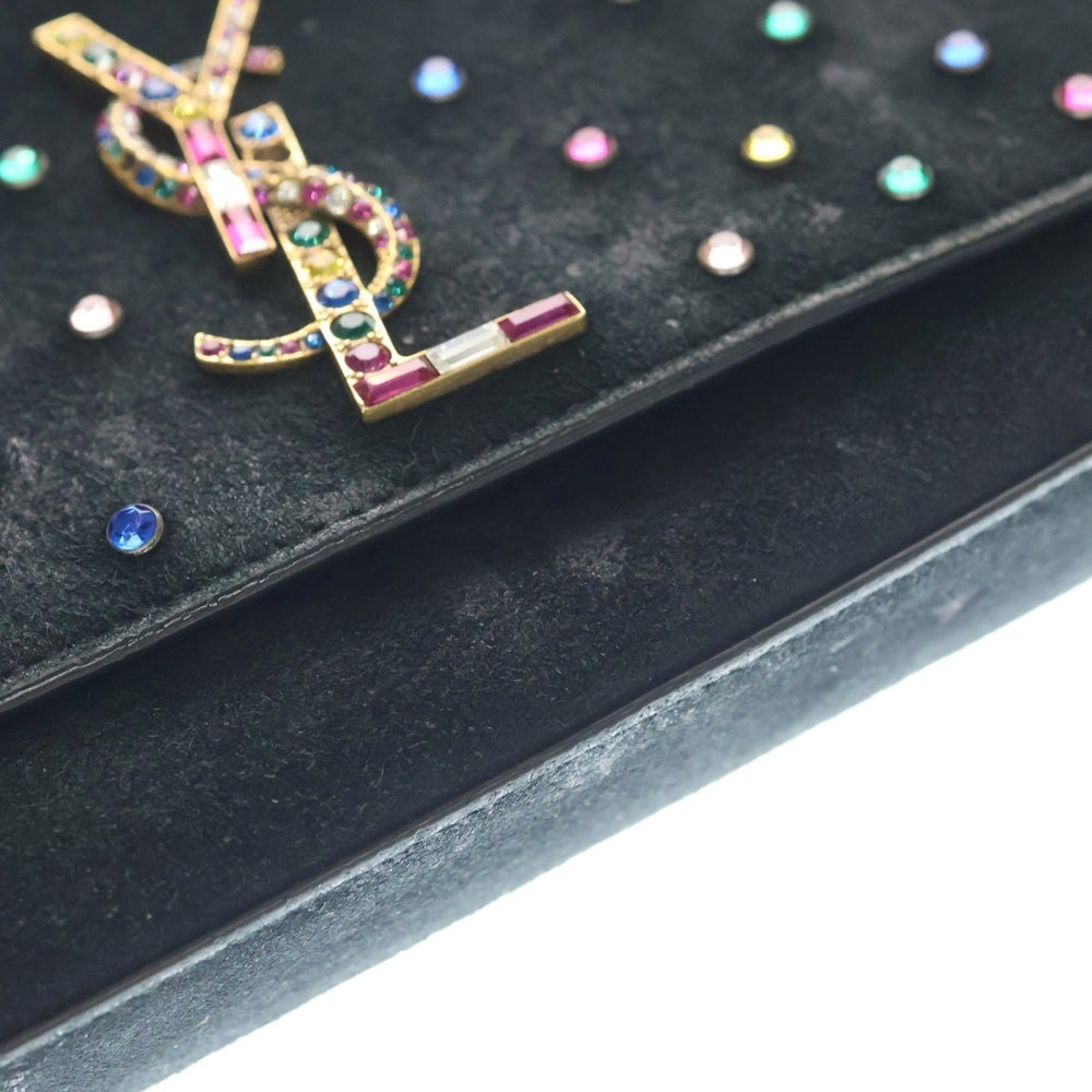 YVES SAINT LAURENT(イヴサンローラン) ロゴ ラインストーン スエード レザー チェーン ショルダーバッグ ブラック 513074 レディース