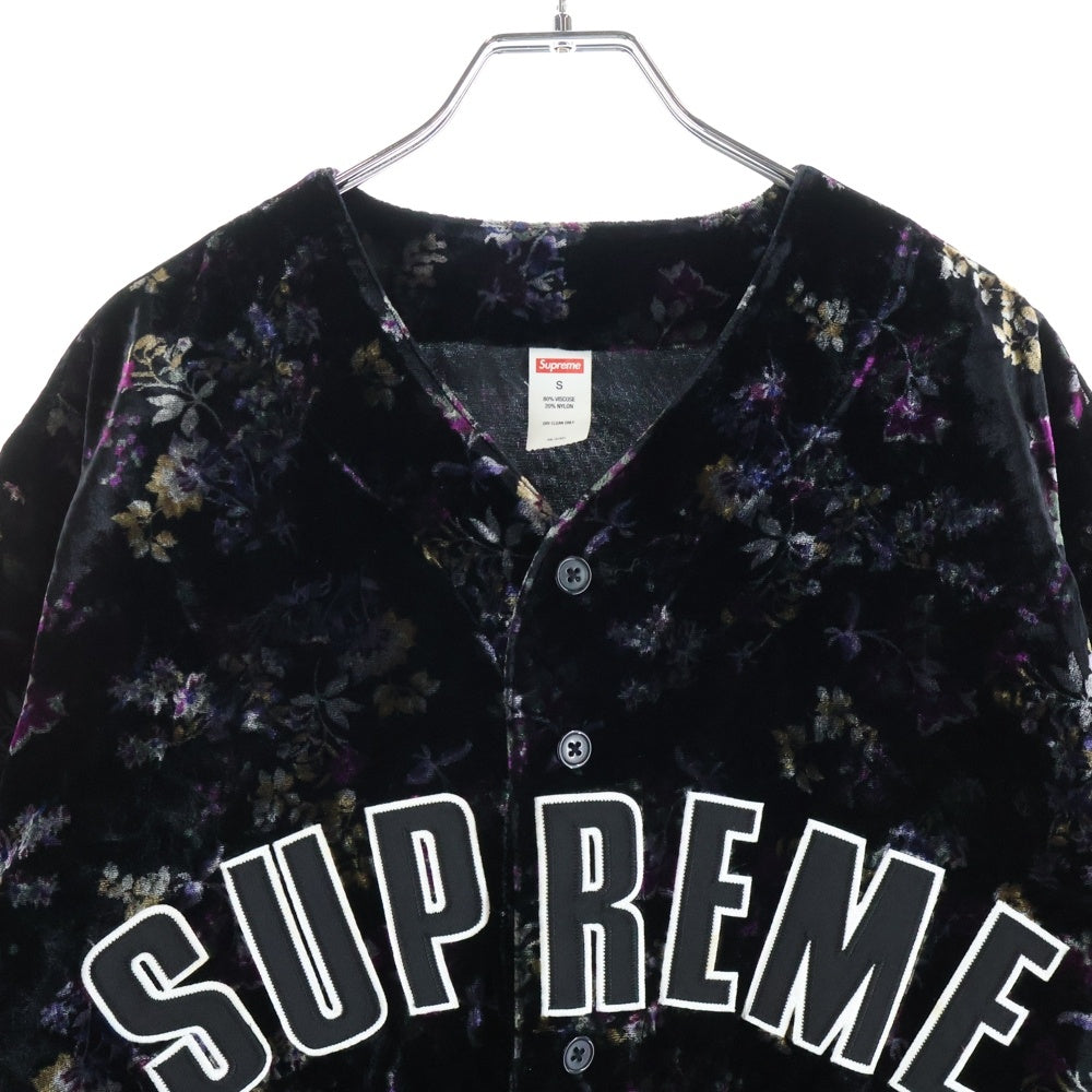 SUPREME(シュプリーム) 19AW Floral Velour Baseball Jersey フローラル ベロアベースボールシャツ アーチロゴ ベルベット 半袖シャツ ブラック