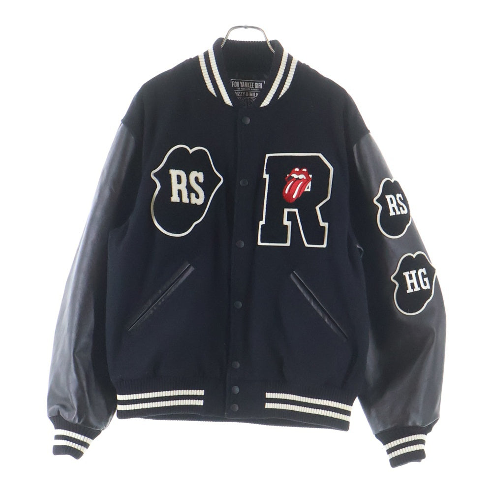 HYSTERIC GLAMOUR(ヒステリックグラマー) 25SS ×THE ROLLING STONES Loves 1975 Us Tour Embroidery Stadium Jacket ローリングストーンズ ラブズ 1975 スタジャン ジャケット ブラック HYS-0244