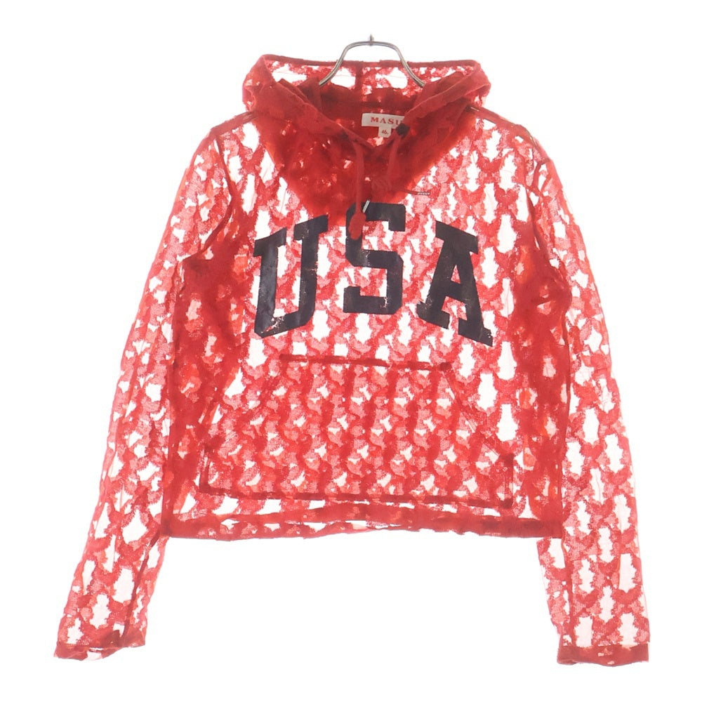 MASU(エムエーエスユー) 23AW ANGEL LACE HOODIE カンガルーポケット エンジェル総柄 レースフーディ レッド/ブラック
