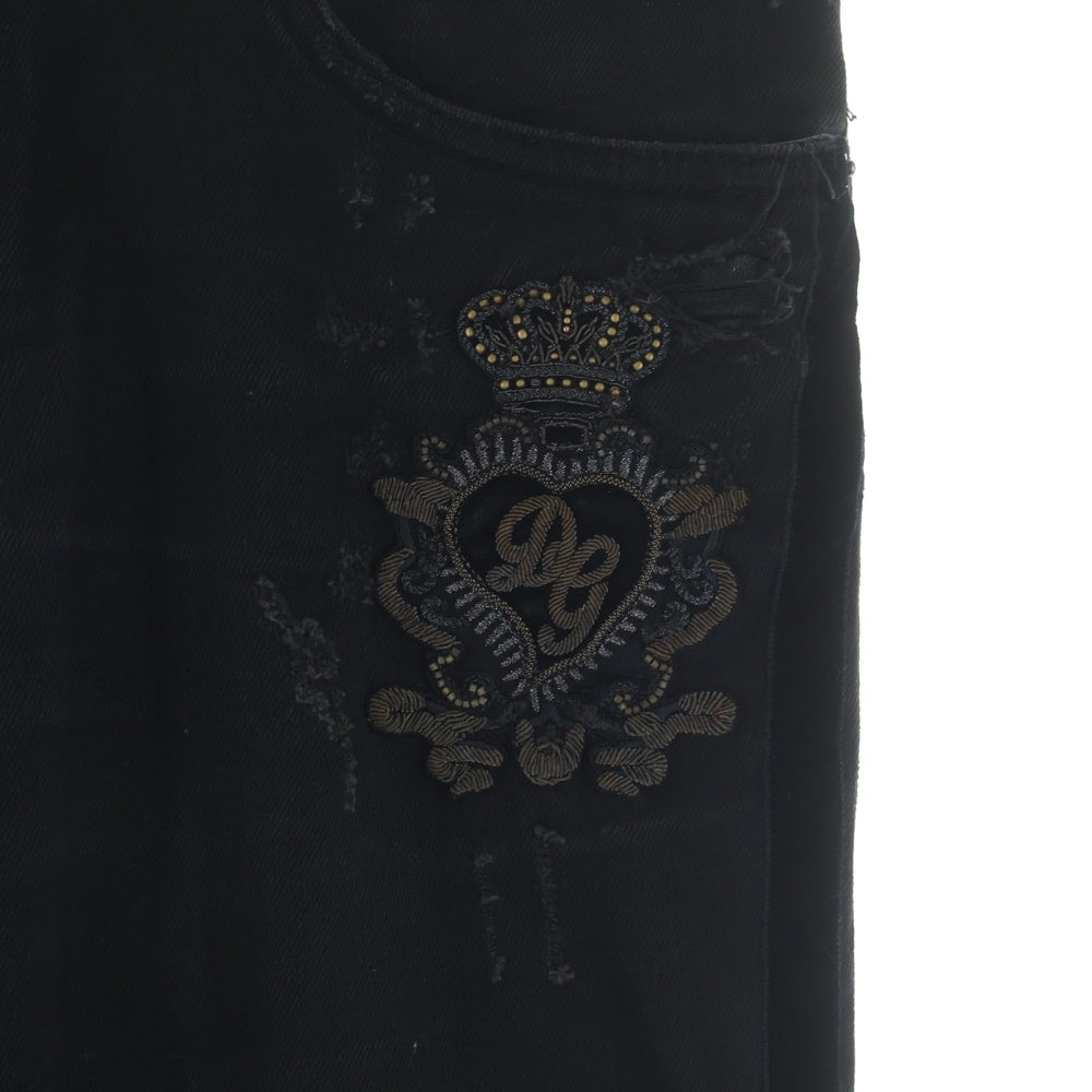 DOLCE & GABBANA(ドルチェアンドガッバーナ) エンブロイダリー付き ブラックダメージジーンズ ダメージ加工スキニーデニムパンツ ブラック