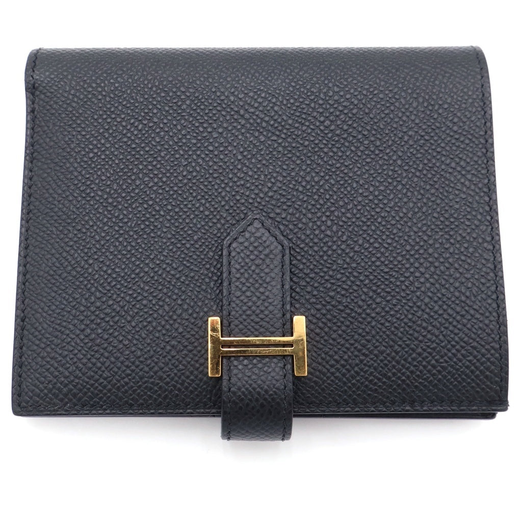 HERMES(エルメス) ベアンコンパクト K刻印 レザーウォレット 二つ折り財布 ゴールド金具 ブラック レディース