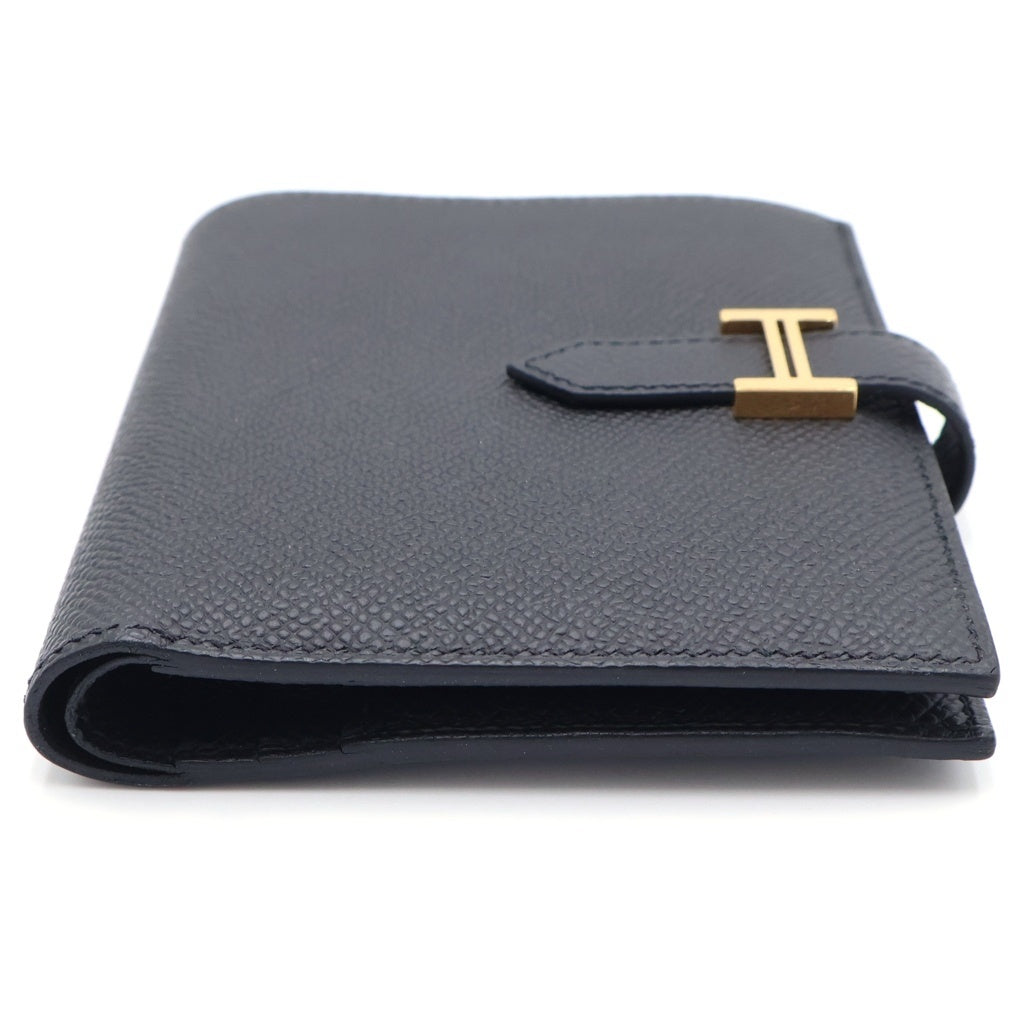 HERMES(エルメス) ベアンコンパクト K刻印 レザーウォレット 二つ折り財布 ゴールド金具 ブラック レディース