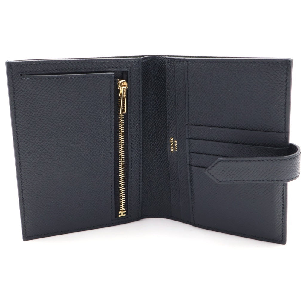HERMES(エルメス) ベアンコンパクト K刻印 レザーウォレット 二つ折り財布 ゴールド金具 ブラック レディース