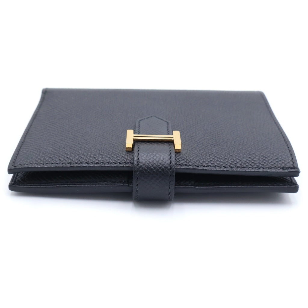HERMES(エルメス) ベアンコンパクト K刻印 レザーウォレット 二つ折り財布 ゴールド金具 ブラック レディース