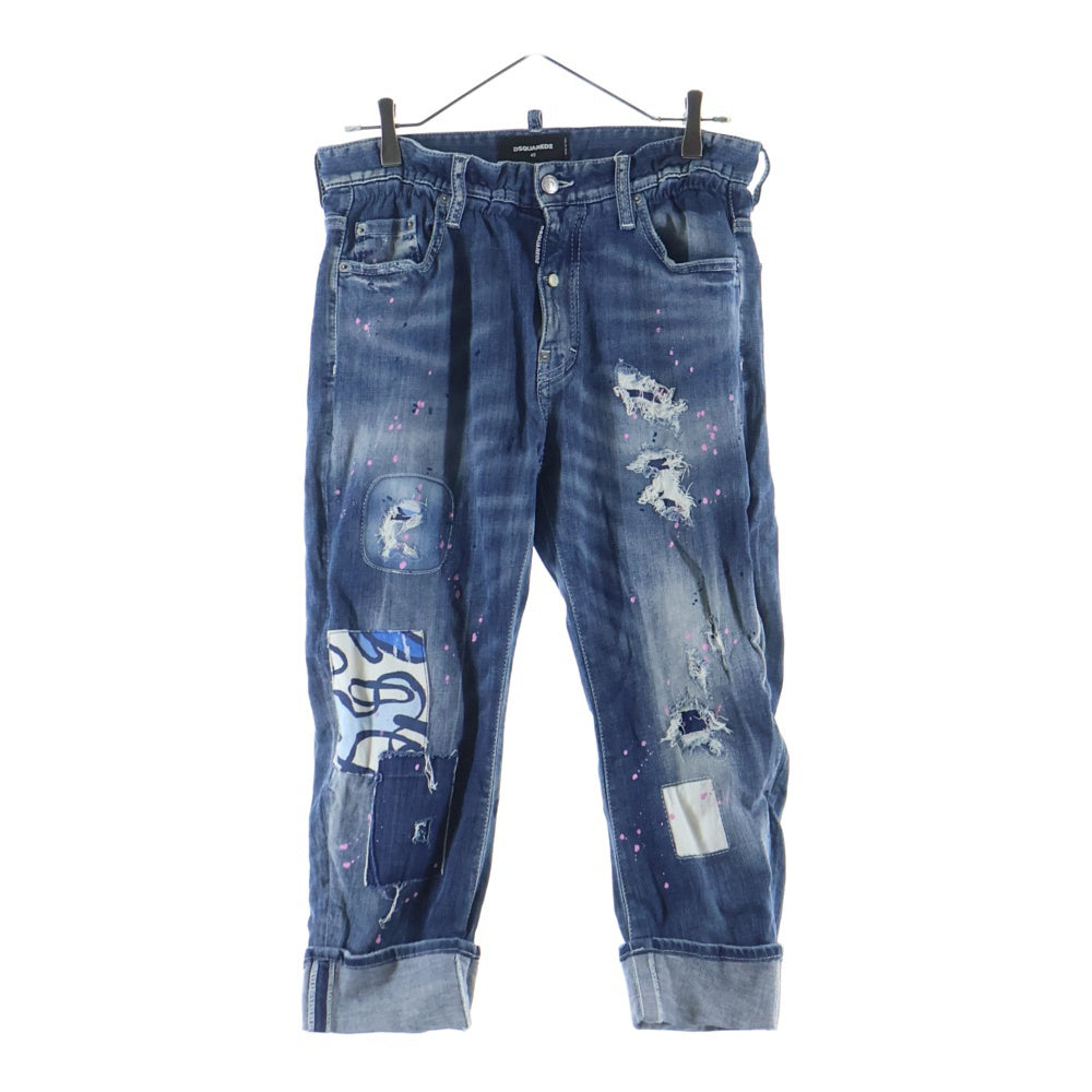 DSQUARED2(ディースクエアード) パッチワーク ビッグ ディーンズ ブラザー クロップド デニムパンツ インディゴ S74LA0727 S30342