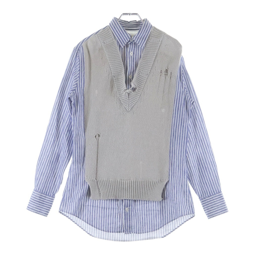 Maison Margiela(メゾンマルジェラ) ニット切り替え 襟付き長袖ストライプシャツ ブルー/ホワイト S51DL0394