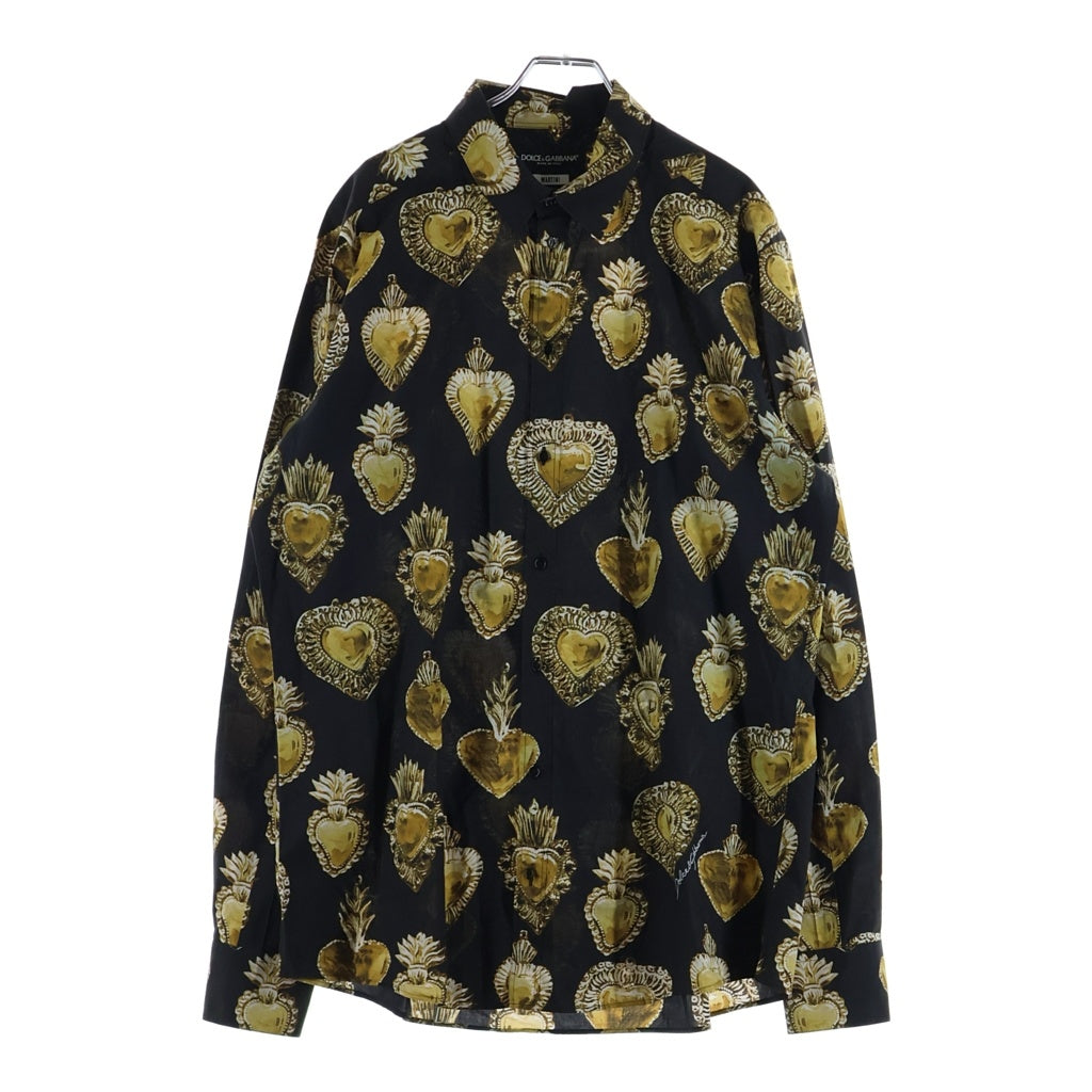 DOLCE & GABBANA(ドルチェアンドガッバーナ) ハート総柄 ボタンアップ襟付き長袖シャツ ブラック/イエロー G5EJ1T HS5D8