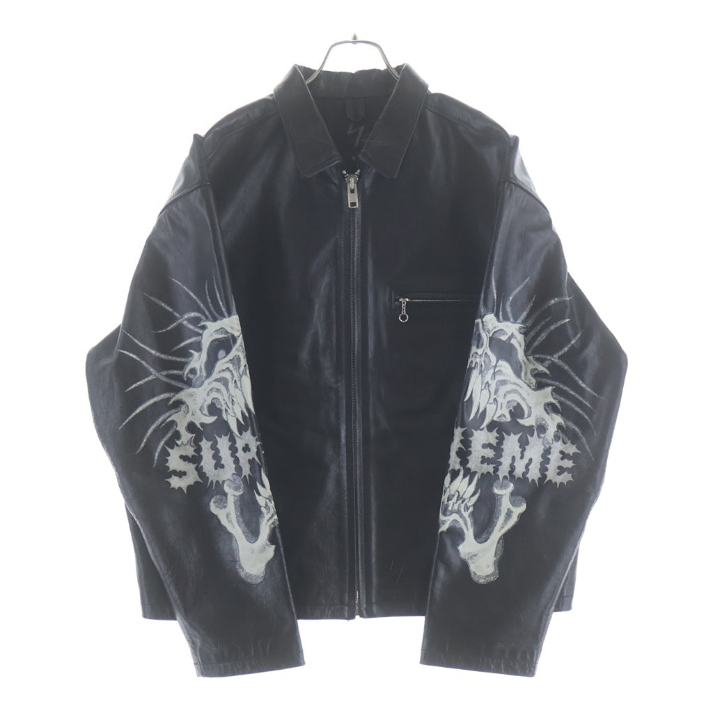 SUPREME(シュプリーム) ×Yohji Yamamoto 25AW Leather Jacket ヨウジヤマモト プリントジップアップレザージャケット ライダースシングルジャケット ブラック