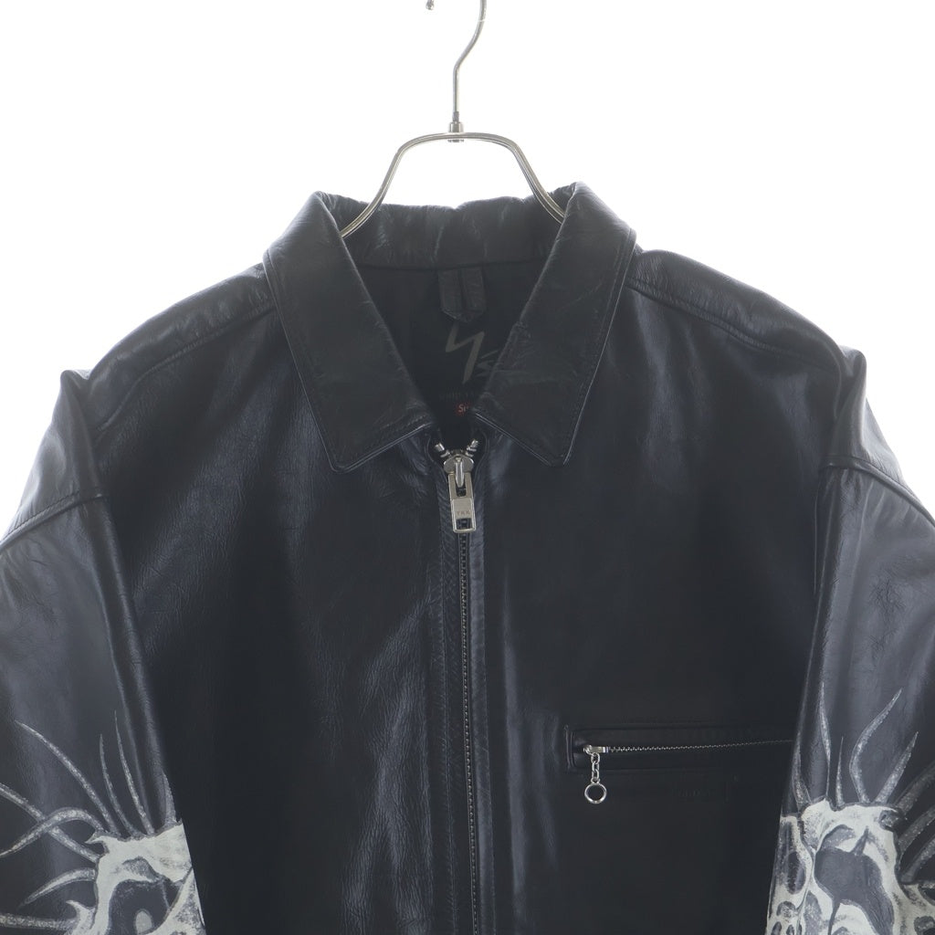 SUPREME(シュプリーム) ×Yohji Yamamoto 25AW Leather Jacket ヨウジヤマモト プリントジップアップレザージャケット ライダースシングルジャケット ブラック