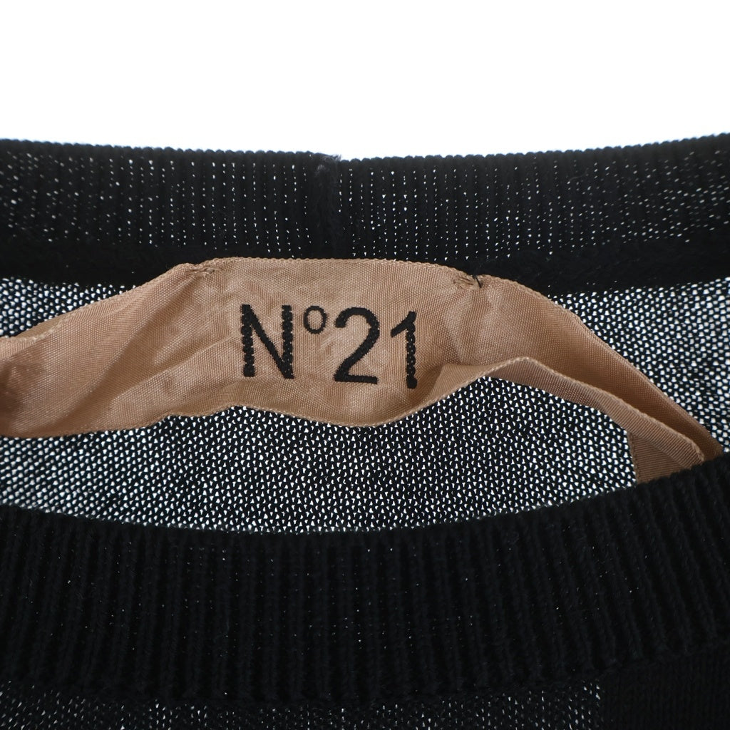 N21 numero ventuno(ヌメロ ヴェントゥーノ) 袖ロゴ クルーネック コットンニット セーター 半袖 38 ブラック/ホワイト 黒 白 20S-A024-7615 レディース