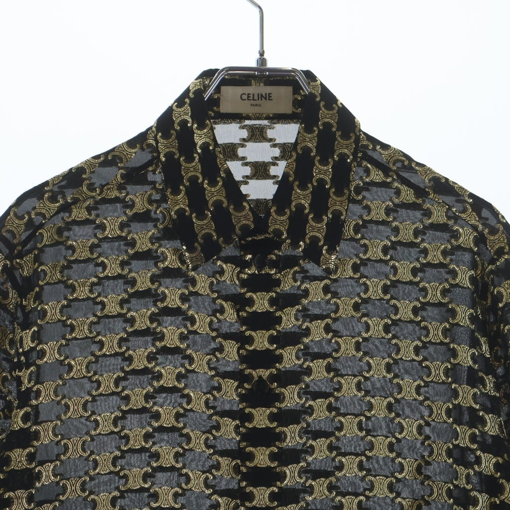 CELINE(セリーヌ) Loose jacquard silk shirt トリオンフ総柄 ルーズ ジャガード シルク長袖シャツ ブラック/ゴールド 2C008805F