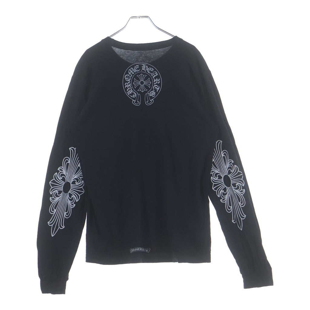 CHROME HEARTS(クロムハーツ) Neck Logo L/S T-Shirt アームフローラル バックホースシュー ネックロゴ プリント クルーネック長袖Tシャツカットソー ロンT ブラック