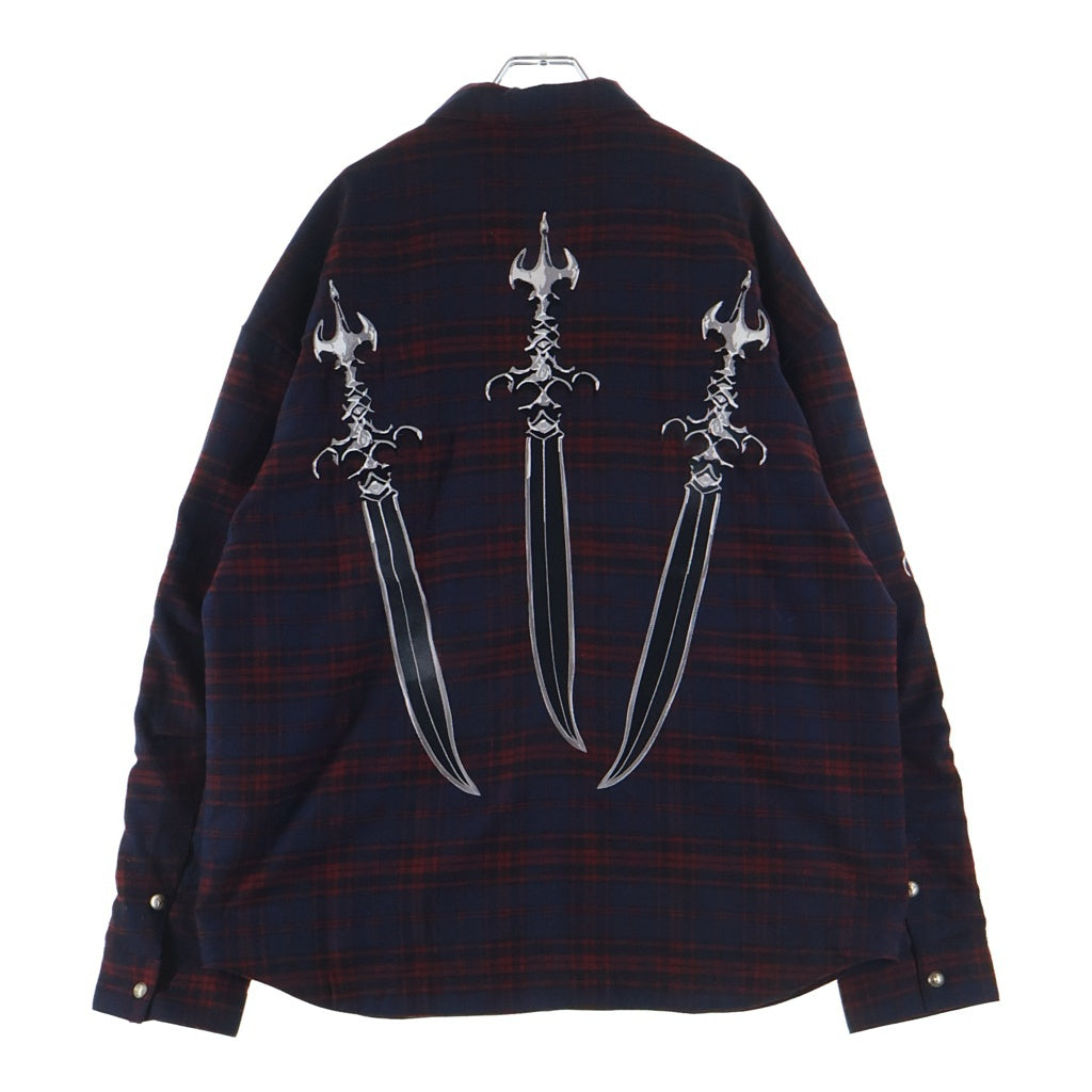 THUG CLUB(サグクラブ) 24AW Arab Sword Flannel Shirt アラブソード 袖 バック刺繍 ロゴプレート チェック総柄 フランネル スナップボタン 長袖シャツ TC24SH2003