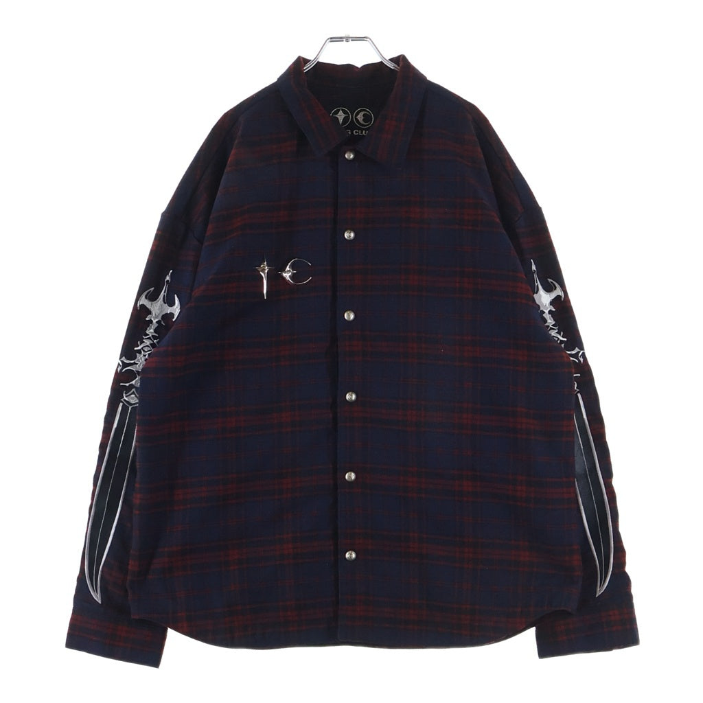 THUG CLUB(サグクラブ) 24AW Arab Sword Flannel Shirt アラブソード 袖 バック刺繍 ロゴプレート チェック総柄 フランネル スナップボタン 長袖シャツ TC24SH2003